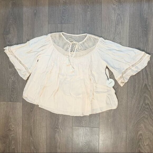 Tularosa Revolve Huxley Top Cream Tassels ties Gauze Crochet Flutter Sleeve XS - Picture 2 of 16